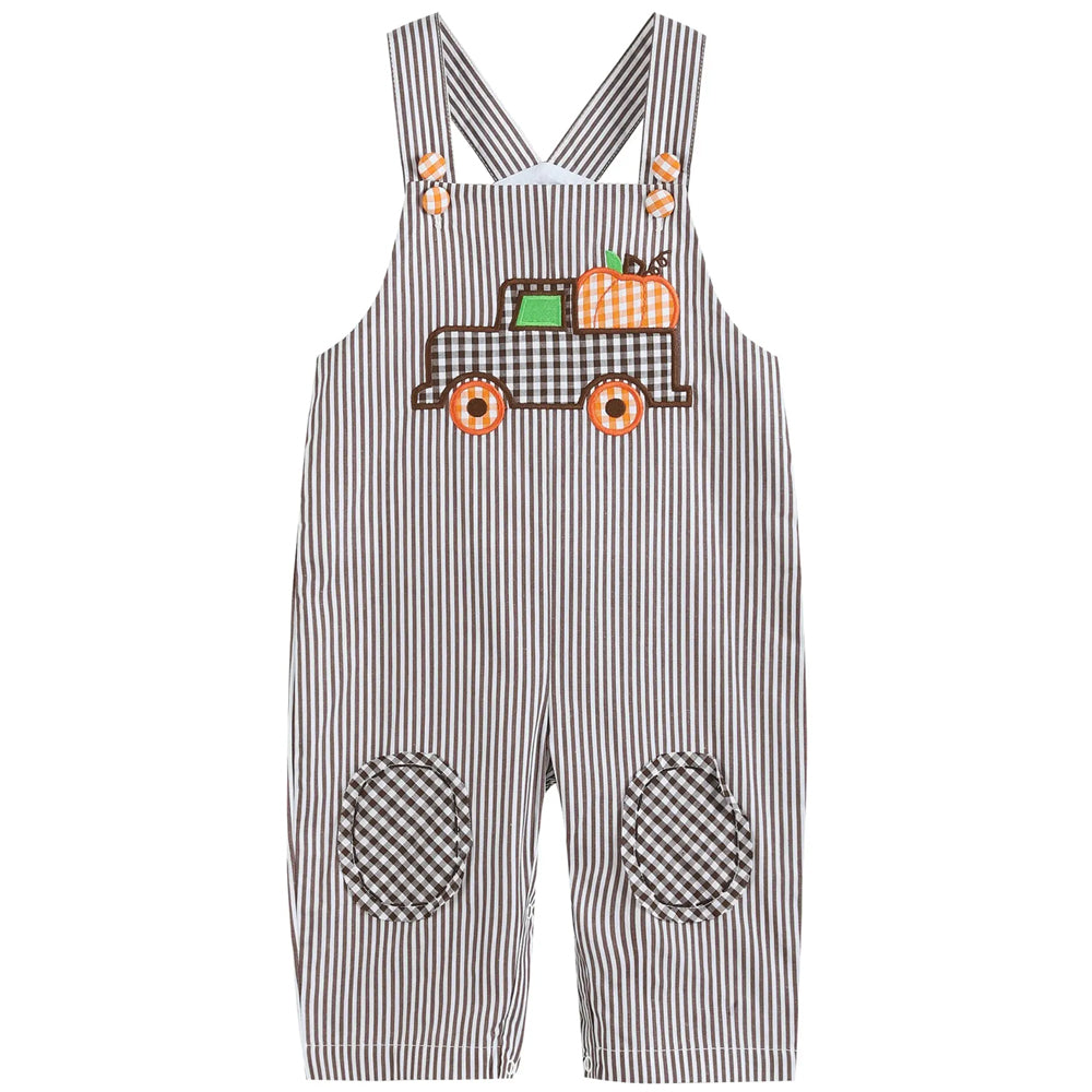 Dark Brown Stripe Overalls with Pumpkin Truck