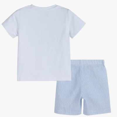 Blue Seersucker Bunnies Smocked Shirt and Shorts Set