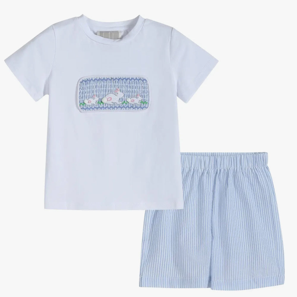 Blue Seersucker Bunnies Smocked Shirt and Shorts Set