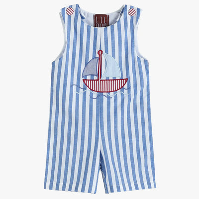 Blue and White Stripe Sailboat Applique Shortalls