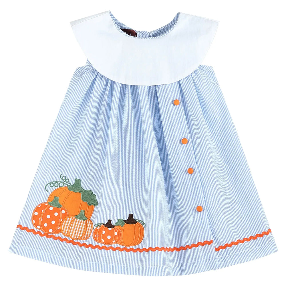 Light Blue Seersucker Pumpkin Yoke Dress