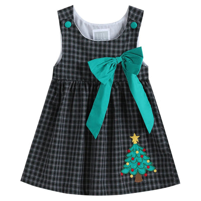 Black Checkered Plaid Christmas Tree Dress with Bow