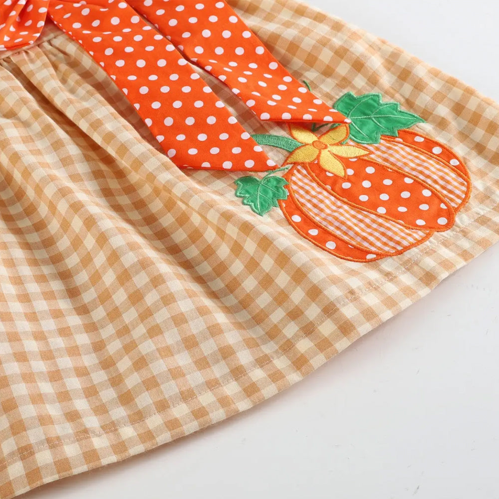 Orange Gingham Pumpkin Dress with Orange Dot Bow