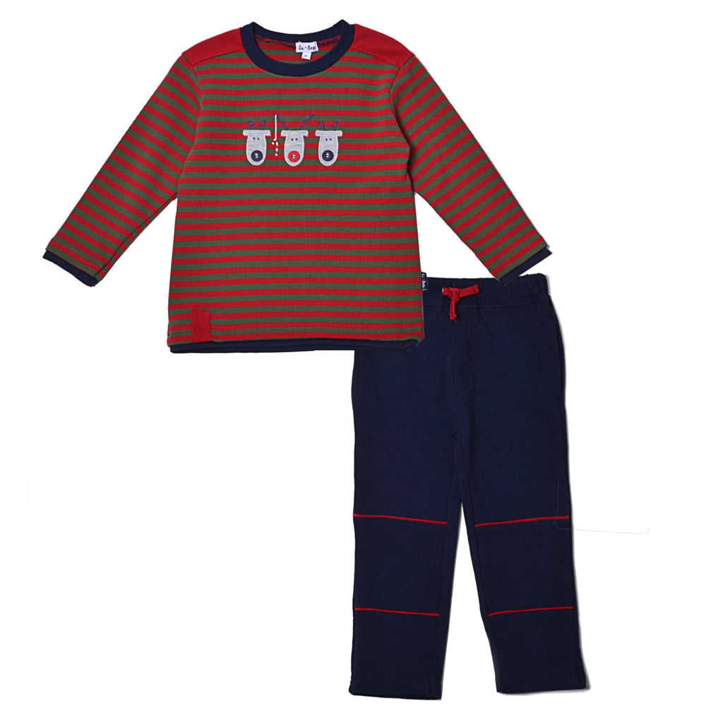 Boys Reindeer Striped Waffle Weave Top Solid Pant Set