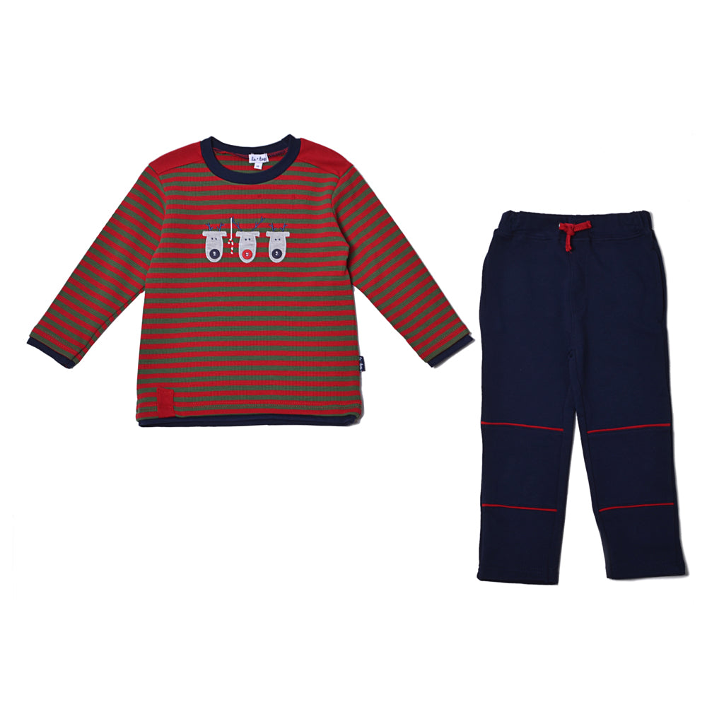 Boys Reindeer Striped Waffle Weave Top Solid Pant Set