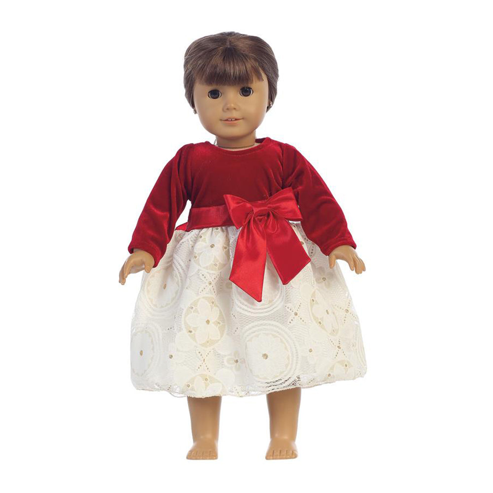 Red Velvet &amp; Embossed Lace Holiday DOLL Dress