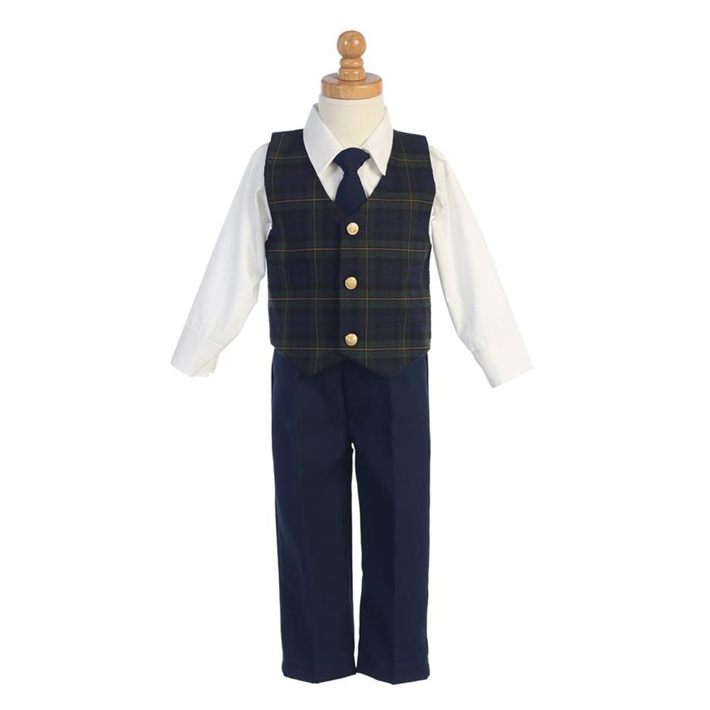 Boys Holiday Green Plaid Vest Set
