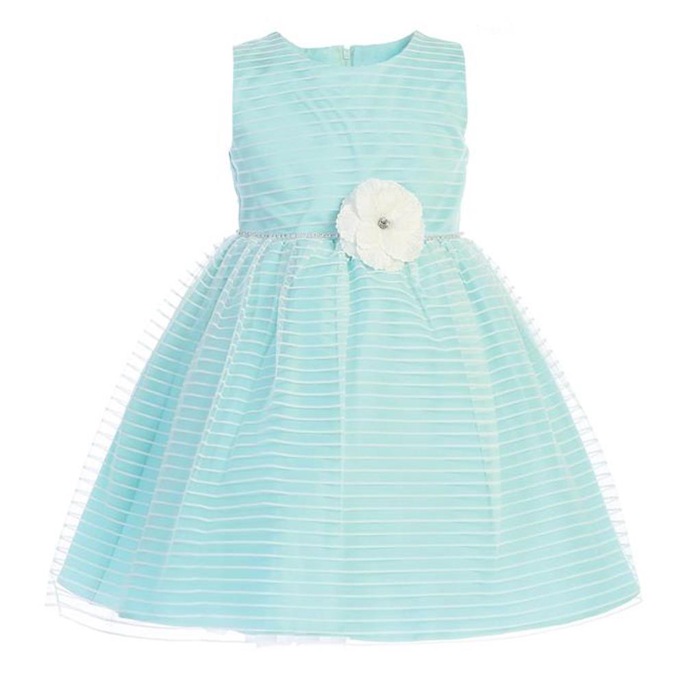Aqua Striped Tulle Dress with Rhinestone Trim