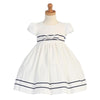 White Cotton Seersucker Dress with Navy Stripe