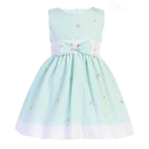 Mint Gingham with Embroidered Flowers Cotton Dress
