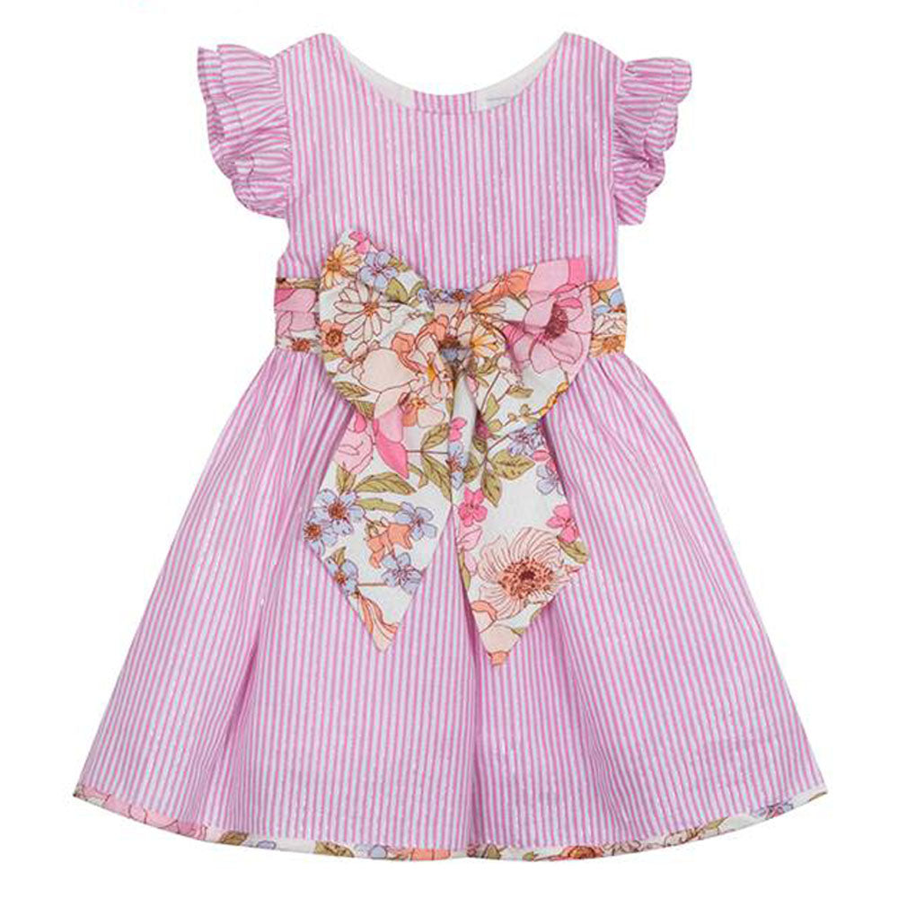 Toddler Girls 2T-4T Pink Seersucker Flutter Sleeve Dress with Floral Bow Sash