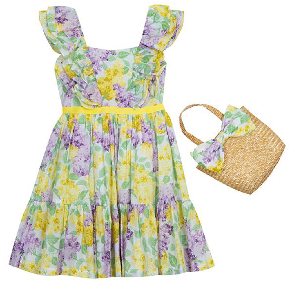 Yellow Printed Floral Sleeveless Ruffle Dress