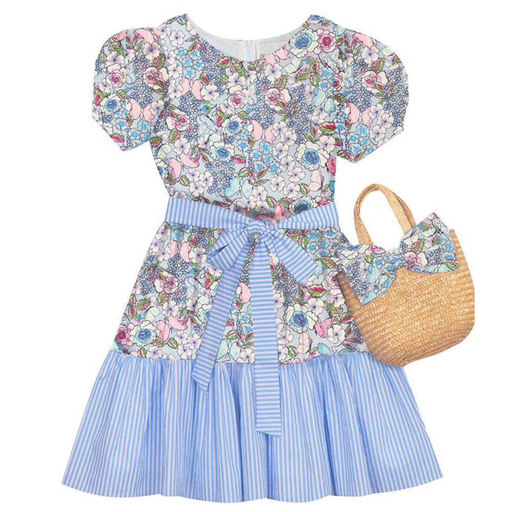 Big Girls 7-16 Floral and Blue Seersucker Dress with Matching Bow Purse