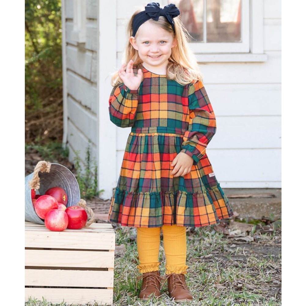 Autumn Rainbow Plaid Scoop Back Ruffle Dress