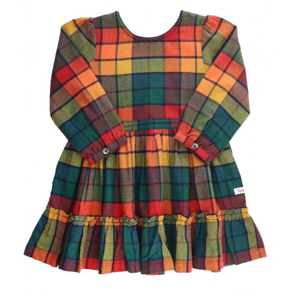 Autumn Rainbow Plaid Scoop Back Ruffle Dress