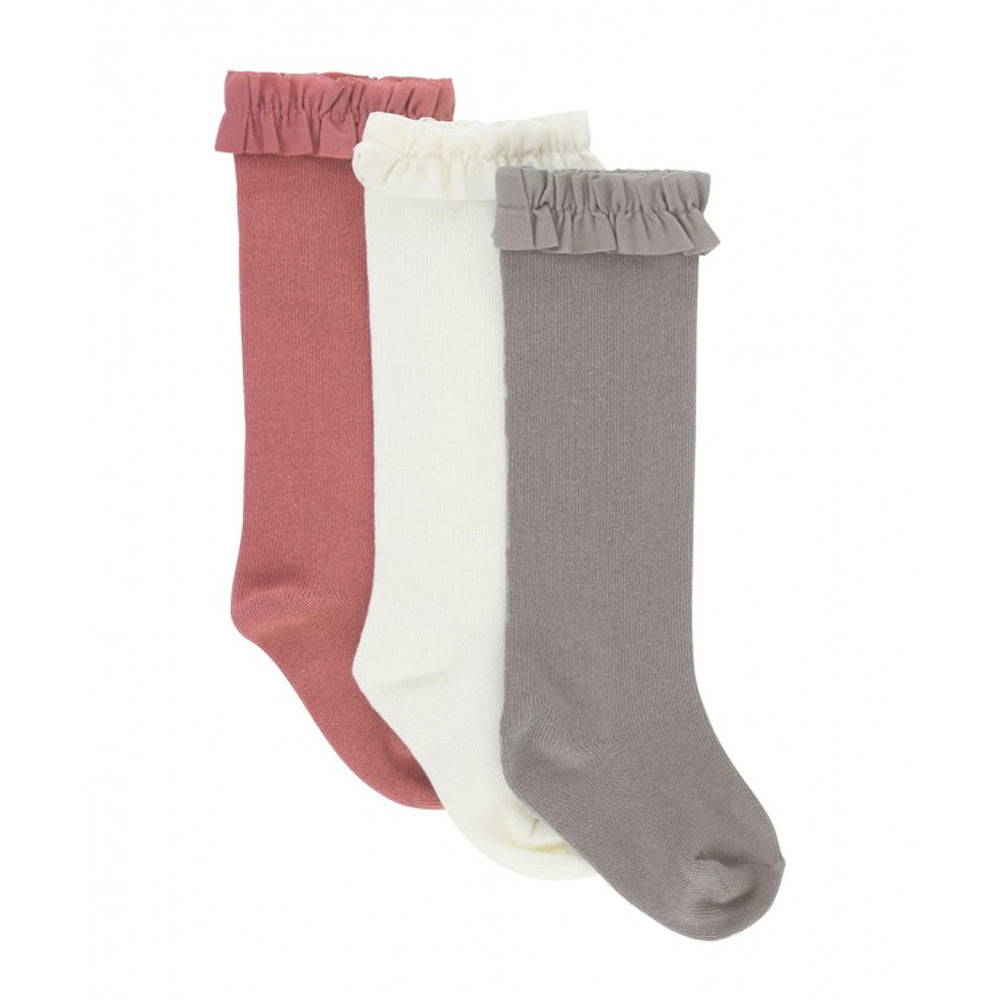 3-Pack Ivory, Mauve, Gray Knee High Ruffle Socks
