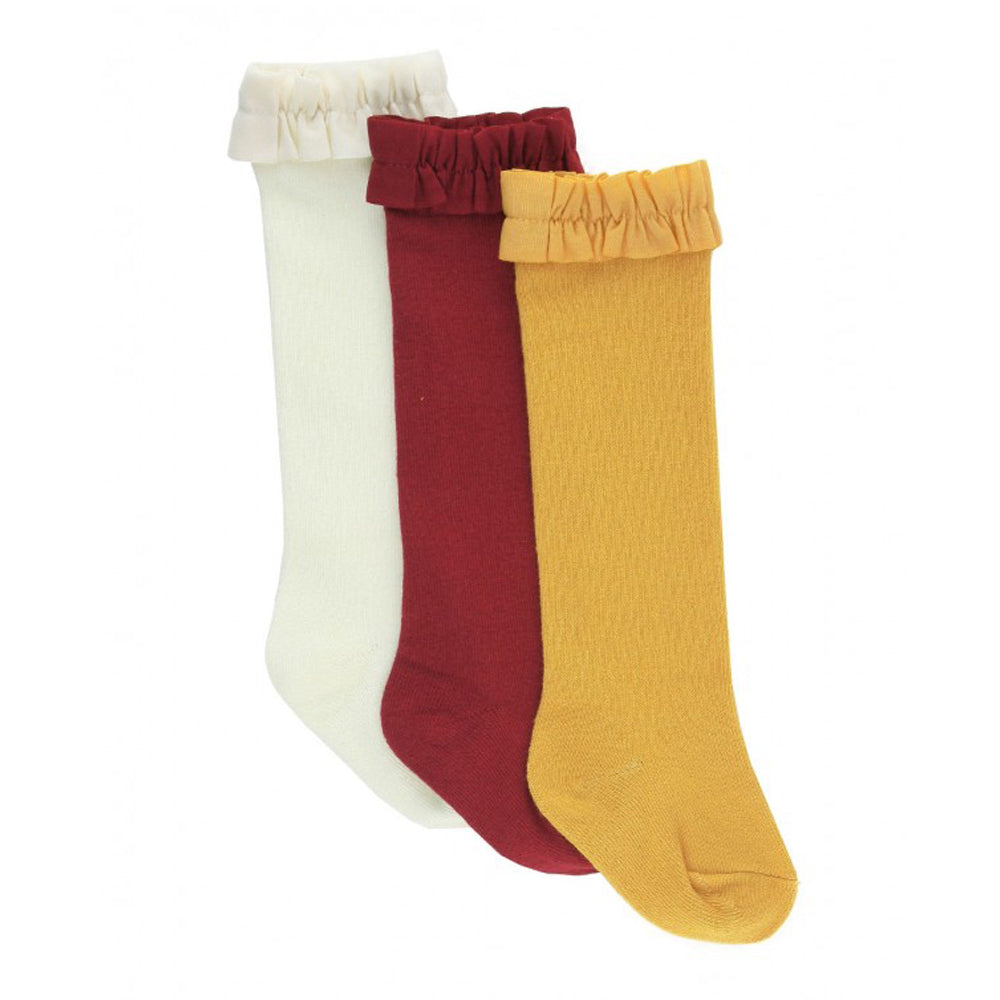 3-Pack Ivory, Cranberry, Golden Yellow Knee High Ruffle Socks