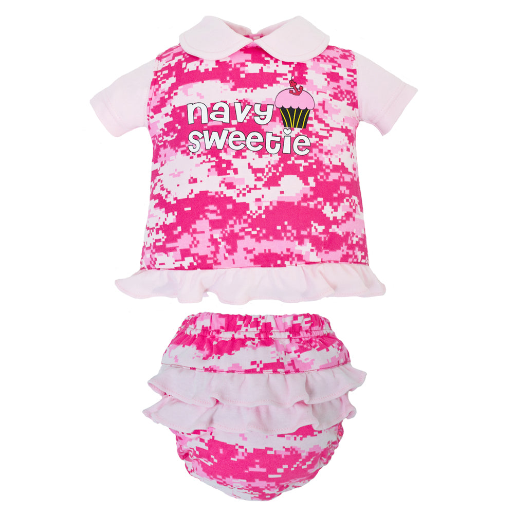 Navy Pink Camo Ruffle Dress and Bloomer Set