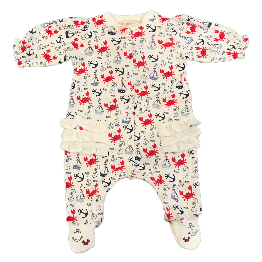 Organic Cotton Baby Girl’s Crab Print Ruffled Footie